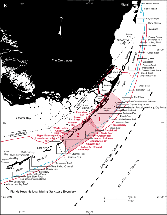 Index map shows locations of named reefs and shoals in the upper Keys and northeastern middle Keys