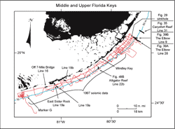 Index map shows U.S. Geological Survey seismic tracklines (red) in the upper and middle Florida Keys