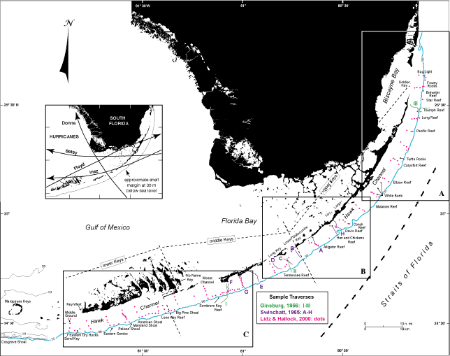 Index map of south Florida shows location of major geographic features, major coral reefs along the shelf margin (blue depth contour, in meters), and colored transects of three studies (in small box) that examined skeletal grains in surface sediments