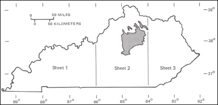 Diagram showing area of outcrop of High Bridge Group and Lexington Limestone (Ordovician) in Kentucky