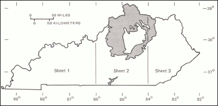 Diagram showing area of outcrop of Upper Ordovician strata in Kentucky