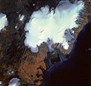 Figure 3-3.–Landsat 1 MSS image of the Vatnajökull ice cap, Iceland, on 22 September 1973. Digitally enhanced falsecolor composite Landsat image (1426-12070) from the U.S. Geological Survey EROS Data Center, Sioux Falls, SD 57198