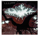Figure 9.—Outlet glacier. Landsat 2 MSS false-color composite image of outlet glaciers flowing from the ice field on Bylot Island, Nunavut, Canada 
(for an extended caption, see Chapter J of “Satellite Image Atlas of Glaciers of the World,” its cover page and p. J173, fig. 3). 