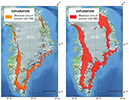 Figure 20.—Maximum area of summer melt on the surface of the Greenland ice sheet in 1992 and as of 2002. Modified from K. Steffan in Arctic Climate Impact Assessment (ACIA) (2004, p. 40; 2005, p. 205, fig. 618). 