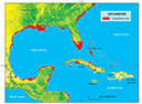 Figure 84.—Inundation of low-lying coastal regions and islands in the Gulf of Mexico, Caribbean Sea, Pacific Ocean, and Atlantic Ocean projected as occurring if sea level rises 6 m. Note especially the loss of land in the southeastern United States, Florida, the Louisiana delta, and other areas of the Gulf Coast of the United States and México, especially the inundation of most of the Bahamian islands, which will force its citizens to migrate. Inhabitants of all areas marked in red would be displaced inland. During the last interglacial, most of the Greenland ice sheet melted (Koerner, 1989). The resulting rise in sea level was about 6 m. From Rowley and others (2007, p. 105, fig. 1).