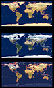 Top-Earth’s Coastlines Approximately 20,000 Years before Present-Sea level 20,000 years ago was lower by about 125 meters (about 410 feet) than it is today. The Earth’s coastlines therefore extended farther into the oceans than they extend today (2009). The older coastline was drawn from data from The University of California at San Diego’s TOPEX/Poseidon Shuttle Radar Topography Mission (SRTM) 30 PLUS archive combined with a bathymetric dataset. Geologists drew outlines (in red) of the older coastlines over a modified version of the 2004 MODerate-resolution Imaging Spectroradiometer (MODIS)image-mosaic map of global snow cover. Snow cover (and glaciers) shown as white on the center graphic is shown here as a pale yellow color. The 2004 MODIS images were acquired by NASA’s Terra satellite. Present-day coastlines are delineated in white.  
    Middle-Earth’s Present-Day Coastlines--Image-mosaic map of the Earth showing global snow cover in 2004 produced from images acquired by the MODerate-resolution Imaging Spectroradiometer (MODIS) on NASA’s Terra satellite. Present-day coastlines are delineated in white.
Bottom-Earth’s Projected Coastlines if All Glacier Ice on Land Melted into the Ocean If all glacier ice on land were to melt, glacial meltwater entering the ocean would raise global sea level by more than 75 meters (about 250 feet). The water-covered coastlines worldwide were calculated using data from The University of California at San Diego’s TOPEX/Poseidon Shuttle Radar Topography Mission (SRTM) 30 PLUS archive. The retreated coastlines are drawn in red over a modified version of the MODerate-resolution Imaging Spectroradiometer (MODIS) image-mosaic map of the Earth showing global snow cover (above, center). Snow cover shown as white on the center graphic is shown here as a pale yellow color but, under a warmer Earth, would not be present except at high elevations and high latitudes (seasonally). The 2004 MODIS images were acquired by NASA’s Terra satellite. Present-day coastlines are delineated in white. Note that the representation of the coastlines of Greenland and Antarctica, from the TOPEX/Poseidon SRTM 30 PLUS archive data, do not account for the extensive subglacial areas of each ice sheet, which are below present-day sea level, nor for the isostatic rebound of the Earth’s crust following the loss of overlying ice. Hence, some of the present-day ice-covered Greenland and Antarctica would become ocean (shown schematically by the stipple pattern. Therefore the coastlines of Greenland and Antarctica are not shown for a warmer Earth—with no glacier ice on land.%