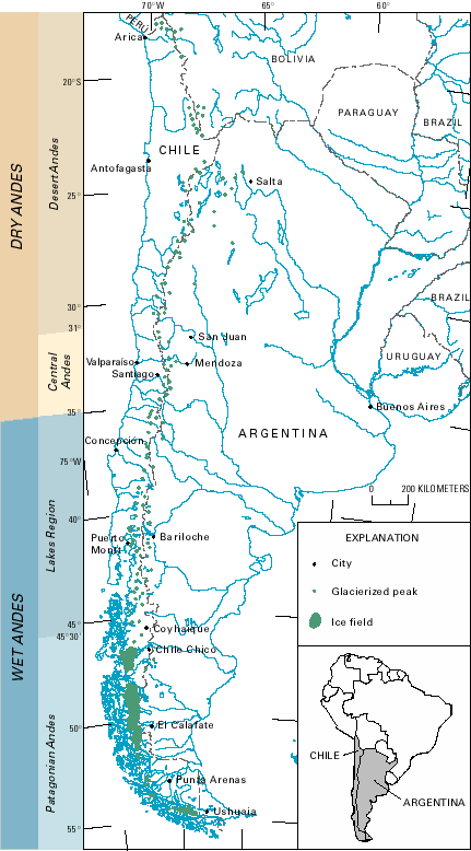 Glaciers in the Dry Andes and Wet Andes