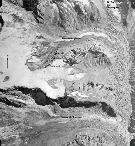 Vertical aerial photo of glaciers at head of Rio Tunuyan