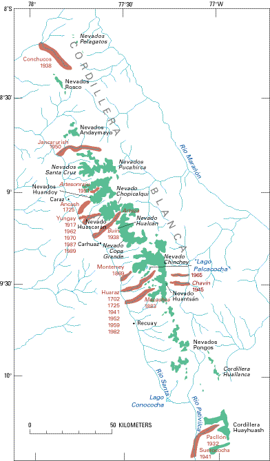 Locations of  glaciological disasters, Rio Santa valley