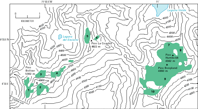 Glacier distribution in the Sierra Nevada de Merida in 1952