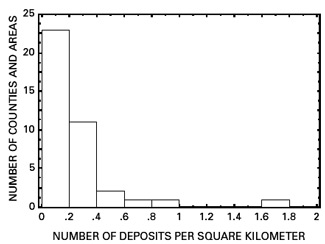 Number of podiform chromite deposits per square kilometer of ultramafic rock in 27 California counties and in 12 Oregon areas