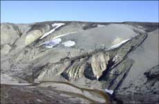 Poorly consolidated sandstone and conglomerate yield the typical rounded hillsides pattern of the White Hills Member of Sagavanirktok Formation