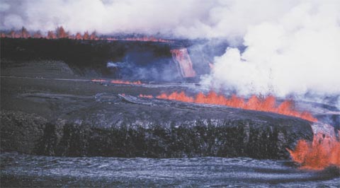 photo of rift with red-hot lava erupting into the air from it