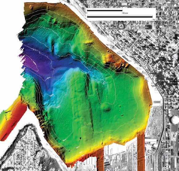 Color image shows color shaded-relief bathymetry of the Duwamish delta in Elliott Bay, offshore Seattle, Washington.
