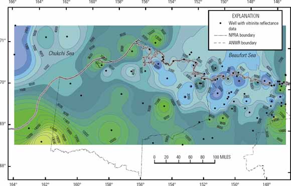 Figure 10 is a full-color sketch map of the Chukchi and Beaufort Seas offshore from the Alaskan North Slope, showing color-coded contours of the estimated amount of exhumation derived from downhole vitrinite-reflectance profiles of wells in the study area.