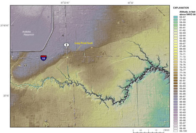 Figure 3. Segment of the hillshaded 15-foot bare-earth Lidar-derived digital elevation model of the area of Harris County showing the Long Point fault.