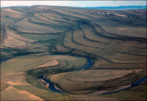 View eastward of the Utukok River meanders and the upper part of the Cretaceous Nanushuk Formation
