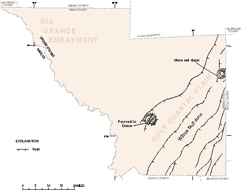 Figure 5. Map showing structural features affecting Tertiary deposits in Webb County (modified from Ewing, 1991).