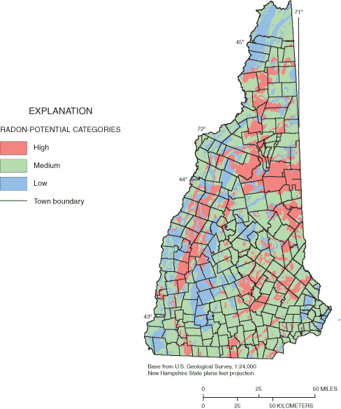 Map showing distribution of radond-potential categories by town and bedrock units.