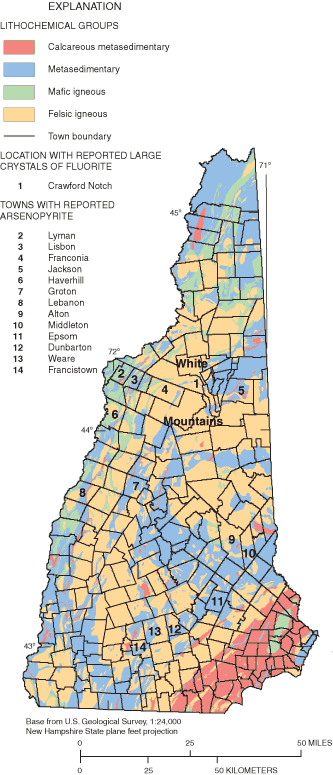 Map showing location of towns mentioned in the report with large fluorite and arsenopyrite concentrations in New Hampshire.