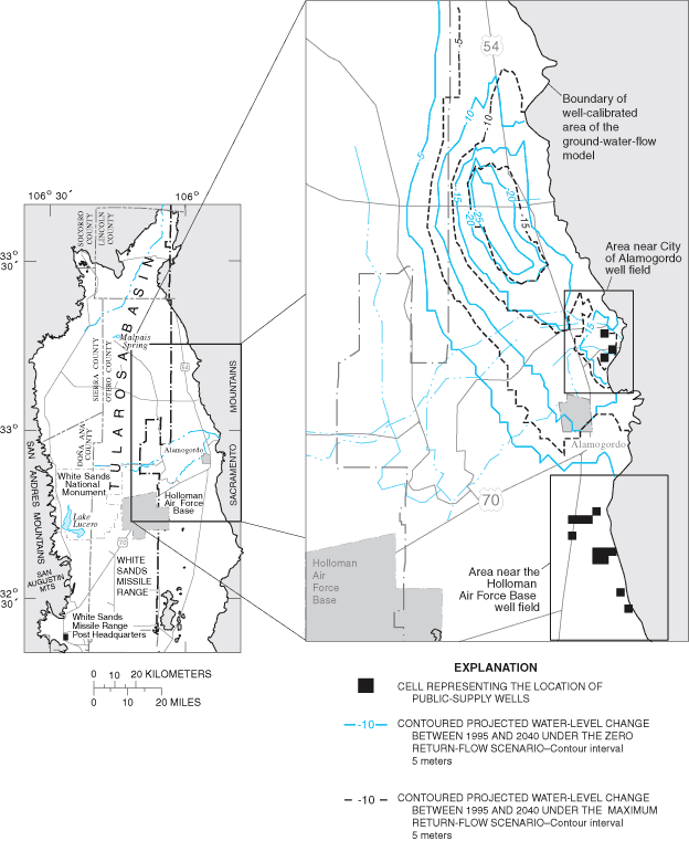 Figure 29. Projected water-level changes within the well-calibrated area of the ground-water-flow model in the uppermost active model cells between 1995 and 2040 under the zero and maximum return-flow scenarios.