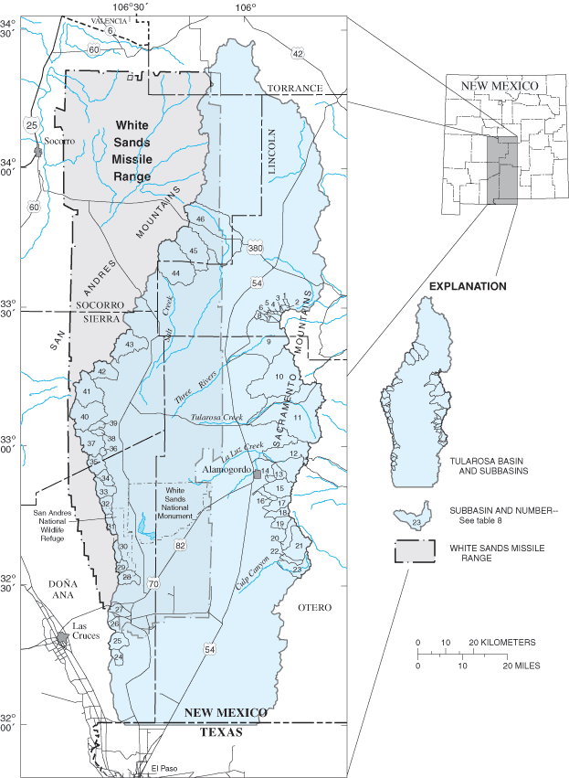 Figure 3. Location of subbasins on the margin of the Tularosa hydrologic basin.
