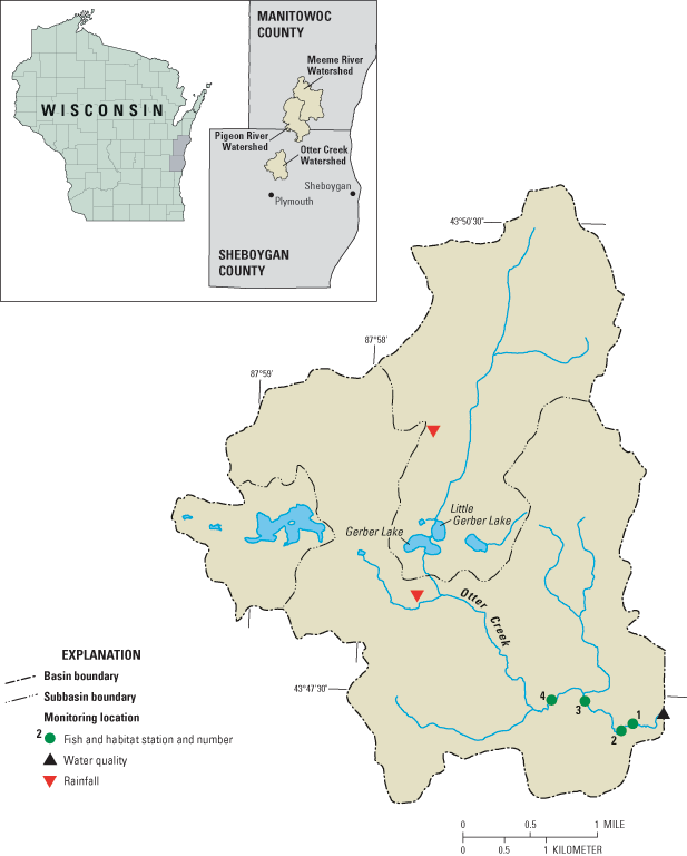 Location of the Otter Creek, Meeme River, and Pigeon River Watersheds and data-collection sites