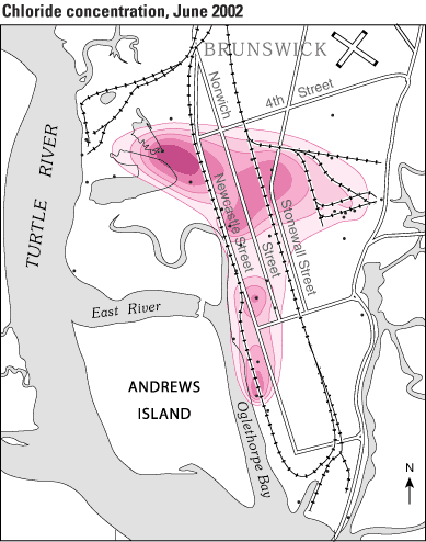 Map of the Brunswick area and chloride conentration, Jine 2002. 