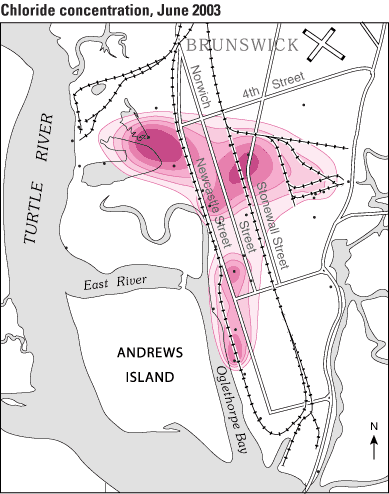 Map of the Brunswick area and chloride conentration, June 2003. 