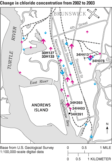Map of the Brunswick area and chloride conentration, 2002-2003. 