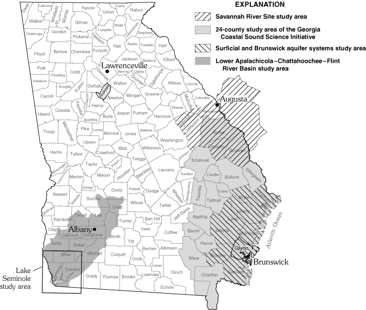 Map of Georgia showing areas where selected ground-water studies were performed, 2002-2003. 