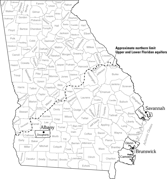Map of Georgia showing the approximate northern limit of the Upper and Lower Floridan aquifers. 