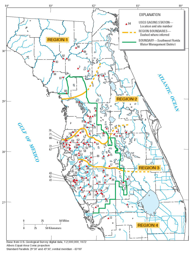 Figure 1, map showing locations of gaging stations and the Southwest Florida Water Management District