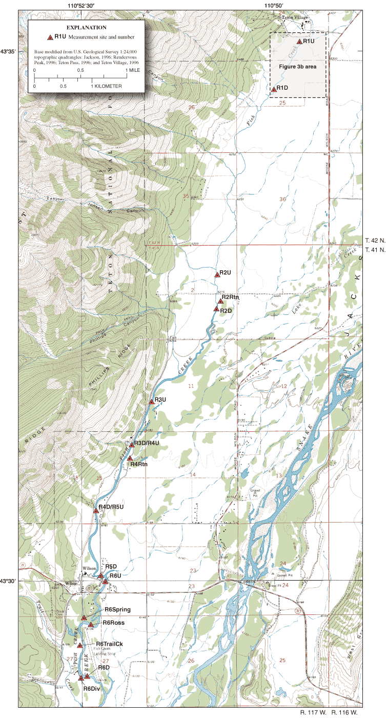 Figure 3a. Fish Creek seepage investigation study area, reaches, and site locations.
