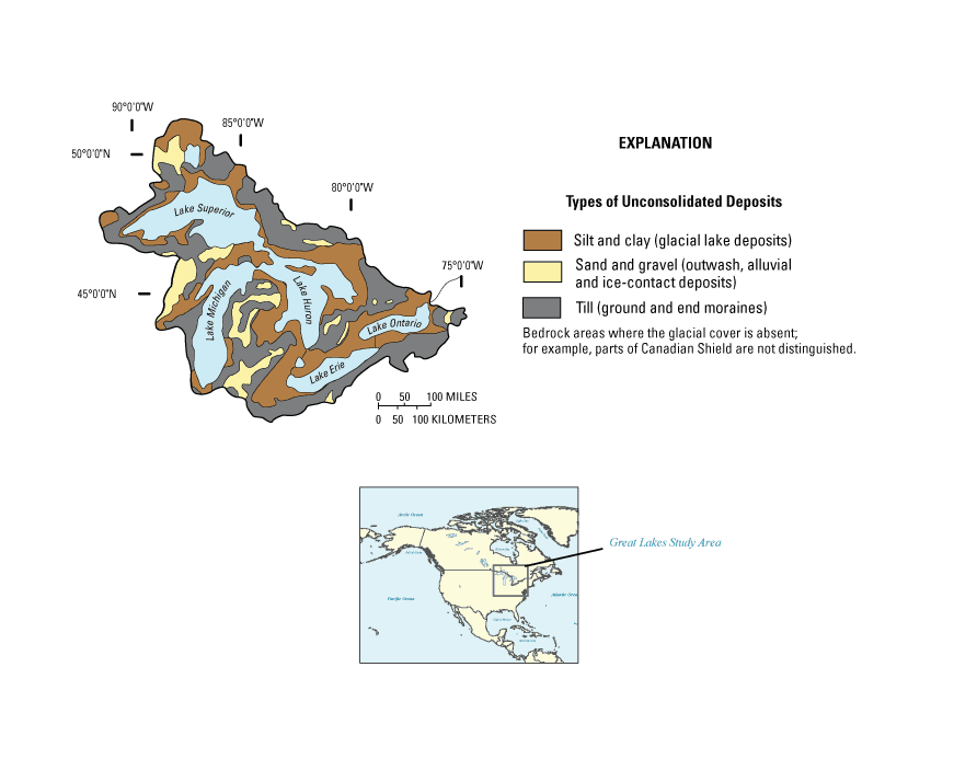 Map showing the surficial geology of the great Lakes Basin.