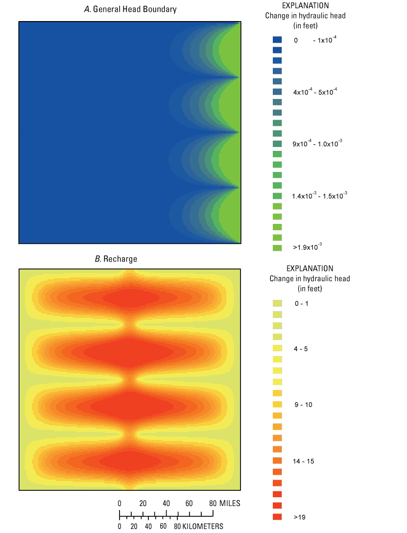 Figure showing one-percent scaled hydraulic-head sensitivity maps for A, general head boundary (upper carbonate unit) and B, recharge (upper layer of glacial unit).