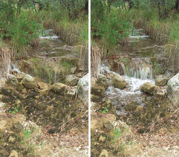 two photos of the same stream.  One shows very little water and the other shows quite a bit