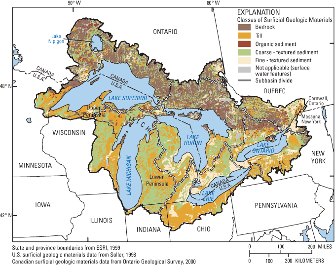 Map showing study area and surficial geology of the Great Lakes Basin.