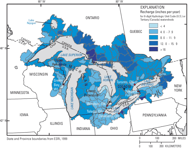 Map showing shallow ground-water recharge rates in the Great Lakes Basin.