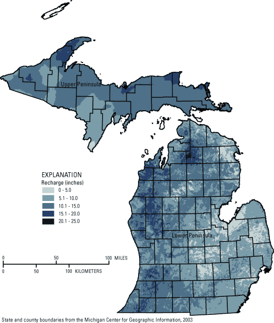 Map showing shallow ground-water recharge rates for Michigan.