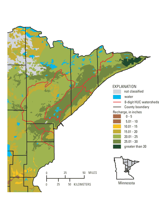 mao showing shallow fround-water recharge rates estimated with the regional regression recharge model for northeastern Minnesota, USA.