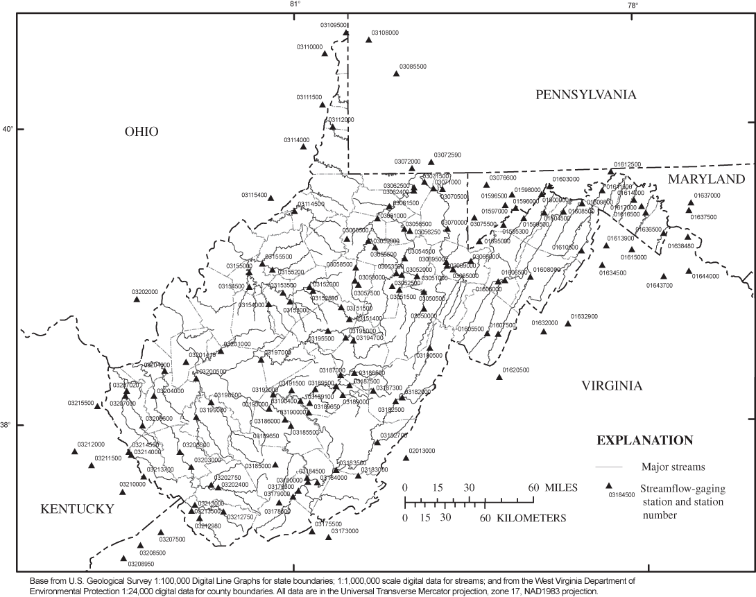 Map showing U.S. Geological Survey streamflow-gaging stations in or near West Virginia considered in this study.