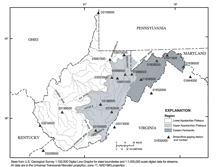 Map showing U.S. Geological Survey streamflow-gaging stations used to determine three regions of similar minimum flow patterns: Lower Appalachian Plateaus, Upper Appalachian Plateaus, and Eastern Panhandle.