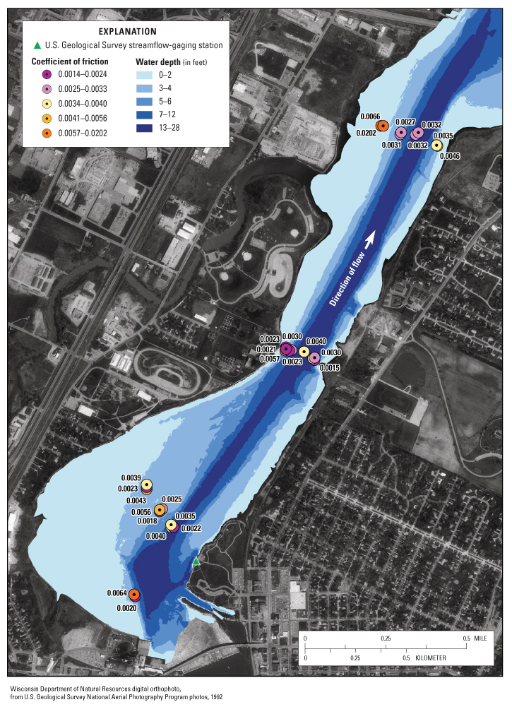 Figure 11a. Distribution of the bottom coefficient of friction calculated from November 2003 and March and May 2004 profiles, Operable Unit 4 (transects 1 through 3), Lower Fox River, Wis. Bathymetry is from the work completed by Jenkins Survey and Design under contract to Wisconsin DNR (October, 2004). 