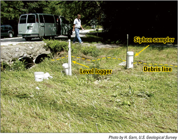 Figure 11. Stream gage at the outlet of subwatershed 2 at Delafield, Wis., with water-level logger and siphon sampler. 
(Note high-water debris line from peak flow of August 3, 2004.)