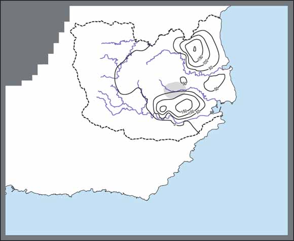 map of the basin with contour lines showing where there is equal difference in level