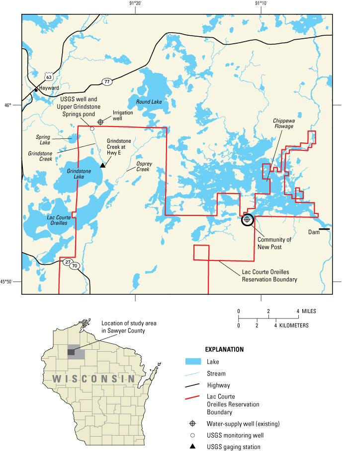 Figure 1. Location of the Grindstone Creek and New Post study areas, Sawyer County, Wis.