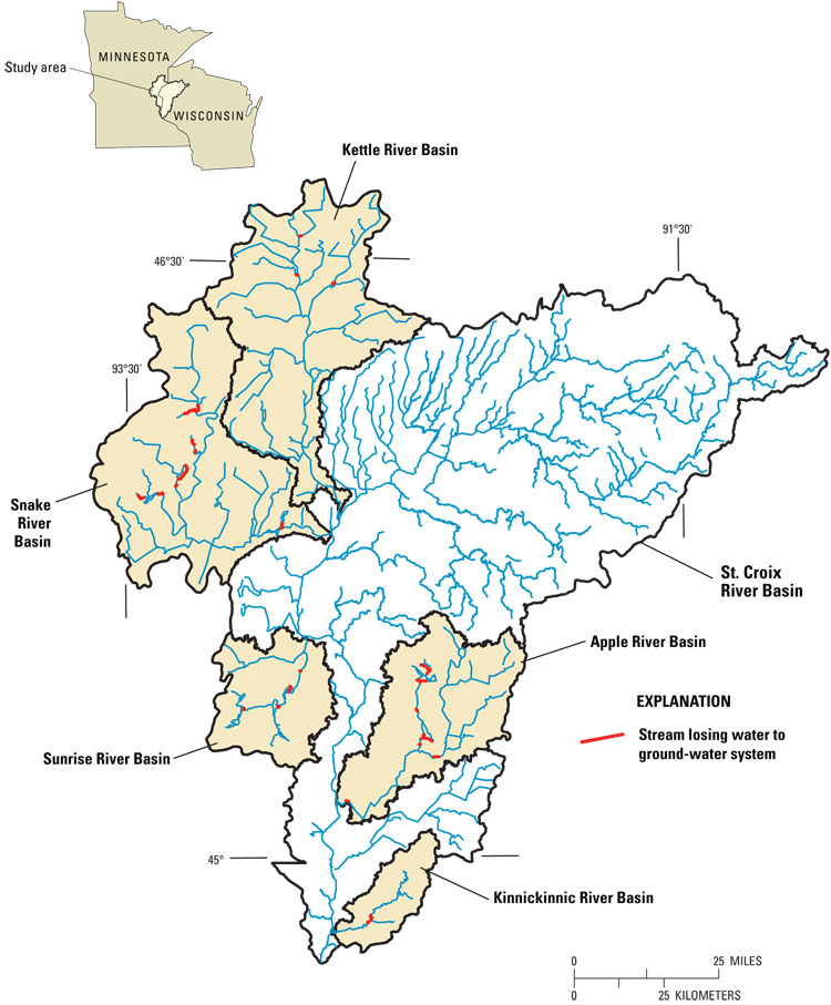Figure 11. Model-simulated river segments discharging surface water to the ground-water-flow system in the Kettle, Snake, and Sunrise River Basins, Minnesota, and in the Apple and Kinnickinnic River Basins, Wisconsin.