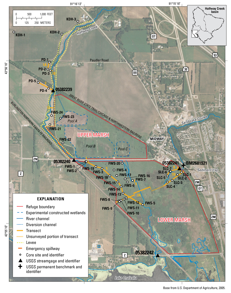 Figure 1B. Core site locations and U.S. Geological Survey (USGS) streamgages near the Upper Mississippi River National Wildlife and Fish Refuge, Halfway Creek Marsh, Wis.