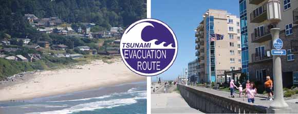 pair of photos of towns on the coast.  Tsunami symbol is round with a stylized drawing of a wave cresting